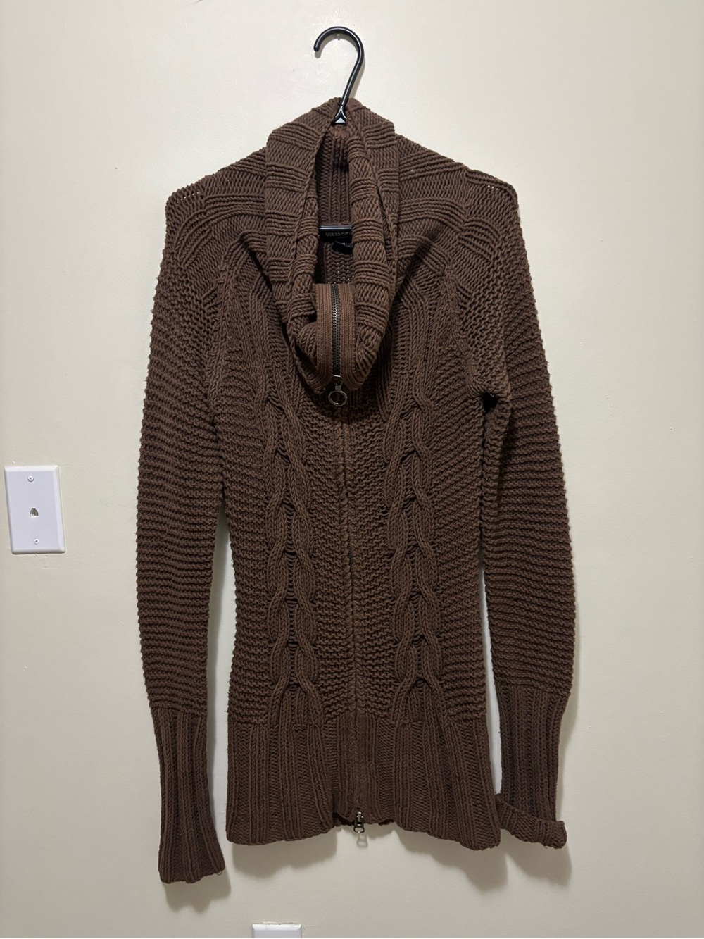Guess Jeans Authentic Brown Chunky Knit Cable Full Zip Cowl Neck Cardigan